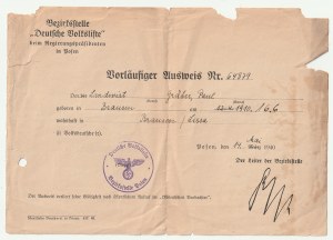 POZNAŃ. Tymczasowy dowód, wystawiony 14 maja 1940 r. - Paul Gräber, ur. we wsi Przybiń 16 czerwca 1910, jest Volksdeutschem, stempel okręgowego urzędu niemieckiej Volkslisty