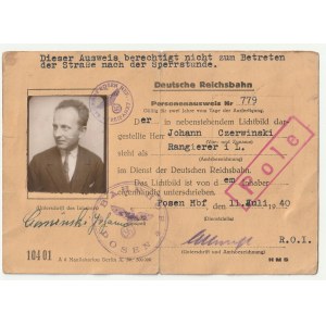 POZNAŃ. Nachweis, ausgestellt am 11. Juli 1940 von der Deutschen Reichsbahn für den Rangierer Johann (Jan) Czerwiński