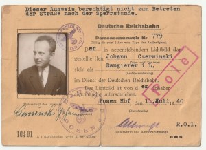 POZNAŃ. Dowód wystawiony 11 lipca 1940 r. przez Niemiecką Kolej Rzeszy dla manewrowego, Johanna (Jana) Czerwińskiego