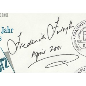 FREDERICK FORSYTH. Autograph of British writer Frederick Forsyth (b. 1938, author. of The Day of the Jackal and The Odessa Files, among others); on an envelope issued for International Book Day 1972