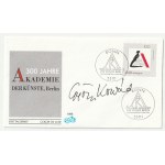 GYÖRGY KONRÁD. Autogramm des ungarischen Schriftstellers György Konrád (1933-2019, Autor, u. a. von Der Kofferarbeiter); auf einem Umschlag, der anlässlich des 300-jährigen Jubiläums der Akademie der Künste in Berlin 1996 herausgegeben wurde