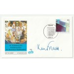 KEN FOLLETT. Autograph of British writer Ken Follett (b. 1949, author. of The Key to Rebecca and The Pillars of the Earth, among others); on an envelope issued on the occasion of the 50th Awarding of the German Booksellers' Peace Prize: 16.IX.1999