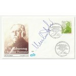 UMBERTO ECO. Autograf włoskiego pisarza Umberto Eco (1932-2016, autor. m.in. Imię róży i Wahadło Foucaulta); na kopercie wydanej z okazji 175 rocznicy urodzin niemieckiego pisarza i farmaceuty H. T. Fontane, 1994