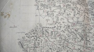ŚLĄSK. Wielkoformatowa, rękopiśmienna mapa Śląska z 1752 r. Na północy obejmuje Świebodzin, na wschodzie - Będzin (Bendzin), na południu - Jabłonków na Śląsku Cieszyńskim, na zachodzie - Kraustein i Waldelsdorf (Łużyce). Mapa o charakterze wyłącznie topog