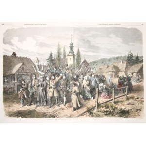 January Uprising - Grodno (Bel. Гро́дна). Volunteers leaving Grodno to join the insurgents, eng. Adolphe Jean Best, Joseph Burn-Smeeton and Joachim Jean Cosson, drawing by Jules Worms, 1863; wood. col. art.
