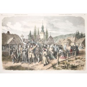 POWSTANIE styczniowe - Grodno (biał. Гро́дна). Ochotnicy opuszczający Grodno, aby dołączyć do powstańców, ryt. Adolphe Jean Best, Joseph Burn-Smeeton i Joachim Jean Cosson, rys. Jules Worms, 1863; drzew. szt. kolor.