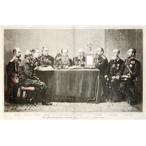 WARSAW. Meeting of the Russian court in Warsaw in the post-Uprising period, eng. H. Thiriat according to photo by Jan Mieczkowski, ca. 1890; under the lower frame the names of the participants in the meeting, from left are seated Gen. Runnow, Col. Krompet