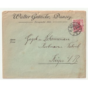 GDAŃSK. Koperta z nadrukiem: Walter Grüncke, Danzig. Fernsprecher 2586, adresowana do firmy Gagel & Schemenau, znaczek i stempel gdańskiej poczty z datą: 24.3.17 (?); st. bdb.; wym. ok. 155x125 mm.