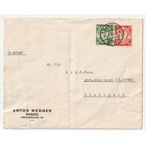 GDAŃSK. Koperta z nadrukiem ARTUR WEGNER DANZIG WEIDENGASSE 59, wysłana do Stuttgartu, dwa gdańskie znaczki i stempel poczty gdańskiej: 15.7.36; st. db.; wym. ok. 155x123 mm.