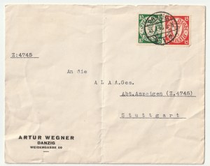 GDAŃSK. Koperta z nadrukiem ARTUR WEGNER DANZIG WEIDENGASSE 59, wysłana do Stuttgartu, dwa gdańskie znaczki i stempel poczty gdańskiej: 15.7.36; st. db.; wym. ok. 155x123 mm.