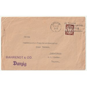 GDANSK. envelope with advertising stamp of BAHRENDT &amp; CO. Danzig, to Lindau, Bavaria, a Danzig stamp and a Danzig postmark dated 29.6.32, and a stamp advertising Danzig as a destination