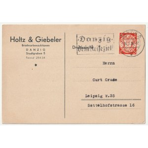 GDAŃSK. Kartka pocztowa firmy organizującej aukcje znaczków Holtz & Giebeler Briefmarkenauktionen DANZIG Stadtgraben 5, do Lipska, ze stemplem z napisem: Danzig Dein Reiseziel, z gdańskim znaczkiem i stemplem DANZIG 5: 20.8.36.
