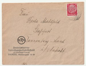 GDAŃSK. Koperta z firmy Rauchwaren-Veredlungs-Gesellschaft m.b. H., Danzig, do Berty Mahlfeld z okolic Stębarku, z ok. 1937 r., znaczek pocztowy niemiecki; st. bdb.