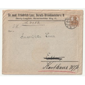 GDAŃSK. Koperta dr med. Friedricha Lenza z Danzig-Langfuhr, Hermannshöfer Weg 17 dołączony odręczny list F. Lenza na kartce papieru 3.VIII.1917, znaczek i stempel poczty gdańskiej z datą: 3.8.17