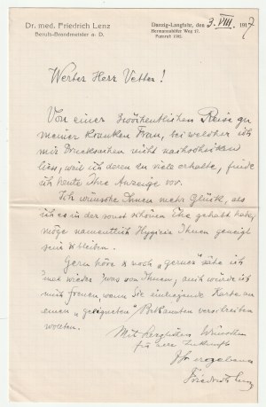 GDAŃSK. envelope of Dr. med. Friedrich Lenz from Danzig-Langfuhr, Hermannshöfer Weg 17 attached handwritten letter of F. Lenz on a sheet of paper 3.VIII.1917, stamp and postmark of Danzig post office with date: 3.8.17