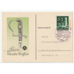 GDAŃSK. Postkarte der Weißwaffenhandelsgesellschaft Alcoso nach Solingen, verschickt anlässlich des Aufenthalts Hitlers in Danzig mit einer Briefmarke mit der Aufschrift: DANZIG IST DEUTSCH und einen Stempel mit der Aufschrift: GRÜSST JUBELND SEINEN FÜHRE