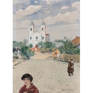 MALATY (lit. Molėtai). View of a church; painted by Willi Scheuermann, 1918; author's signature and description in lower right corner: Maljatÿ 2.V.18; watercolor on cardboard, condition bdb, frame; dimensions with frame: 185x245 mm