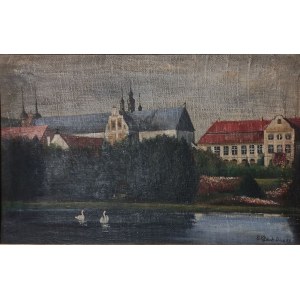 OLIVIA. View of the monastery; E. Krautz, Krauck, 1925; signed at bottom on canvas; painting on canvas, framed; condition bdb, left side of canvas wavy; dimensions with frame: 780x527 mm; Oliva