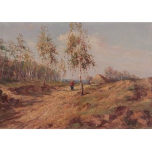 POLEN. Ländliche Landschaft; Emilian Jasiński, um 1888; Öl auf Sperrholz, geprägter Rahmen; Abm. Klarsichtrahmen 345x230 mm.