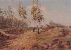 POLSKA. Pejzaż wiejski; Emilian Jasiński, ok. 1888; olej na sklejce, efektowna rama; wym. w świetle ramy 345x230 mm.