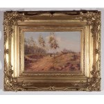 POLEN. Ländliche Landschaft; Emilian Jasiński, um 1888; Öl auf Sperrholz, geprägter Rahmen; Abm. Klarsichtrahmen 345x230 mm.