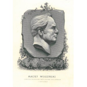 [SEJM 1831] - WODZIŃSKI Maciej (1782-1848); rycina przedstawiająca płaskorzeźbę na prostokątnym kamieniu z profilem głowy Wodzińskiego, wspartą na dwóch kamiennych blokach z herbem Jastrzębiec; ryt. Antoni Oleszczyński, Paryż 1849