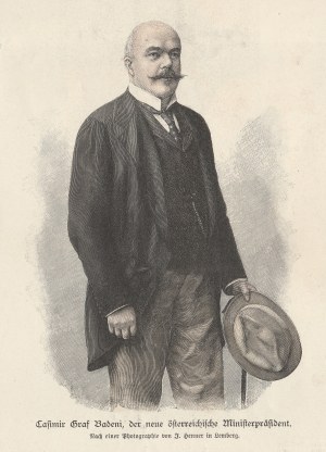 [GALICJA] - BADENI Kazimierz (1846-1909), postać do kolan, na podstawie fot. J. Hennera, 1895; drzew. szt. kolor.