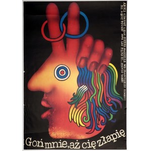 SOCHA, ROMUALD. Plakat z 1978, reklamujący franc. film pt. Goń mnie, aż cię złapię