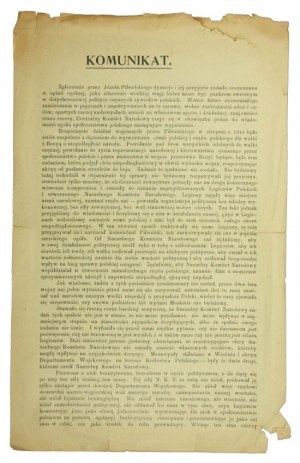 POLISH LEGIONS, CENTRAL NATIONAL COMMITTEE. COMMUNIQUÉ. Jozef Pilsudski's declaration of resignation