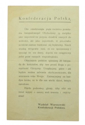 WARSZAWA, KONFEDERACJA POLSKA. Konfederacja Polska 1915, ulotka wydana z okazji 85 rocznicy powstania listopadowego