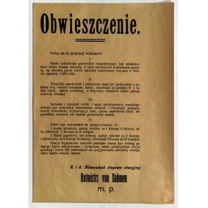 DZIAŁOSZYCE (pow. pińczowski). Obwieszczenie dotyczące uszkadzania linii telegraficznych i telefonicznych, sprzedaży alkoholu, godziny policyjnej oraz przelicznika walut