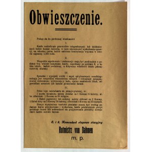 DZIAŁOSZYCE (Pińczowski district). Announcement regarding damage to telegraph and telephone lines, sale of alcohol, curfew and currency conversion rate