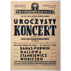 GDAŃSK-WRZESZCZ. Plakat der Baltischen Philharmonie, das zu einem Konzert mit der Verleihung von Kunstpreisen der Woiwodschaft Danzig einlädt, 16 I 1949