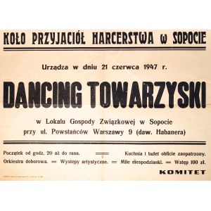 SOPOT. Ogłoszenie Koła Przyjaciół Harcerstwa w Sopocie o dancingu towarzyskim, mającym się odbyć 21 VI 1947