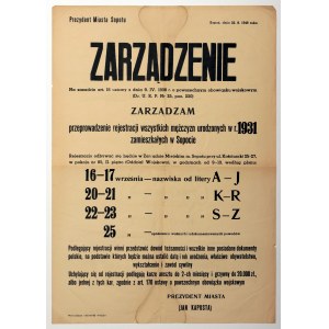 SOPOT. Zarządzenie prezydenta Sopotu, Jana Kapusty, dotyczące rejestracji mężczyzn objętych powszechnym obowiązkiem wojskowym, Sopot 22 VIII 1948