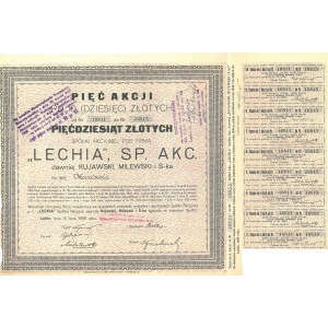 LUBLIN. 5 shares of Lechia SP. AKC. formerly Kujawski, Milewski and S-ka, bearer, at 50 zlotys (10 zlotys per share)