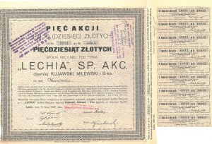 LUBLIN. 5 akcji Lechia SP. AKC. dawniej Kujawski, Milewski i S-ka, na okaziciela, na 50 zł (10 zł za akcję)