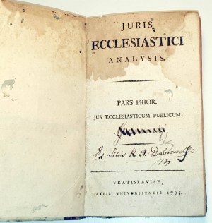 BOLL - JURIS ECCLESIASTICI ANALYSIS Cz. 1-2 (1 wol.). Vratislaviae (Wrocław) 1795