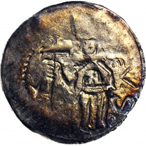 Bolesław I Wysoki 1163-1201, Denar, Wrocław, Biskup/Walka z lwem, R2