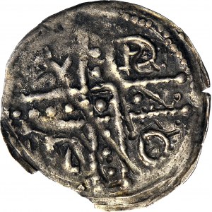 Bolesław I Wysoki 1163-1201 lub Mieszko Plątonogi 1163-1211, Denar, Wrocław, Dwie postacie, krzyż