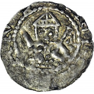 RR-, Słowianie zachodni Hobolanie, Przybysław Henryk 1127-1150, Denar, Popiersie z mieczem i chorągwią