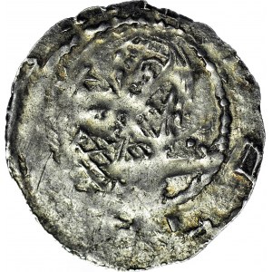 RR-, Słowianie zachodni Hobolanie, Przybysław Henryk 1127-1150, Denar, Popiersie z mieczem i chorągwią