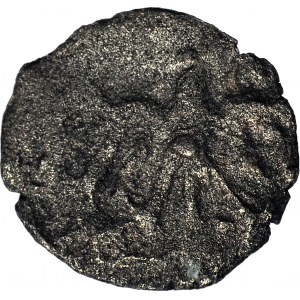 R-, Władysław Jagiełło, 1386-1434, Denar z dwoma kołami nad i kulą pod koroną