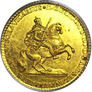 R-, August III Sas, Dukat wikariacki 1745, Drezno, Orzeł z mieczem/Król na koniu
