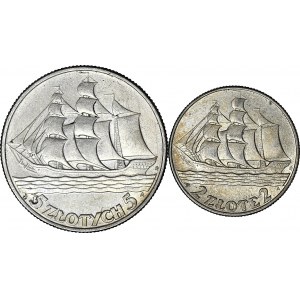Zestaw dwóch monet 2 złote i 5 złotych 1936 Żaglowiec