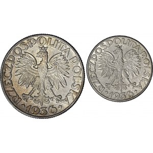 Zestaw dwóch monet 2 złote i 5 złotych 1936 Żaglowiec