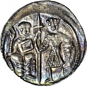 Bolesław Krzywousty 1107-1138, Denar, Biskup i rycerz, Krzyż kropki, MENNICZY