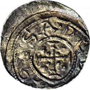 Bolesław Krzywousty 1107-1138, Denar, Biskup i rycerz, Krzyż kropki, MENNICZY