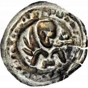 RRR-, Mieszko III Stary 1173-1202, Gniezno, Brakteat łaciński, Książę z nietypową gałązką na prawym ramieniu, R5/R8?