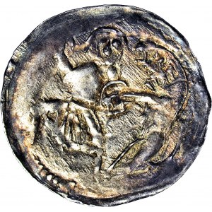 Bolesław I Wysoki 1163-1201, Denar, Wrocław, Walka z lwem/Biskup, R2, ok. menniczy